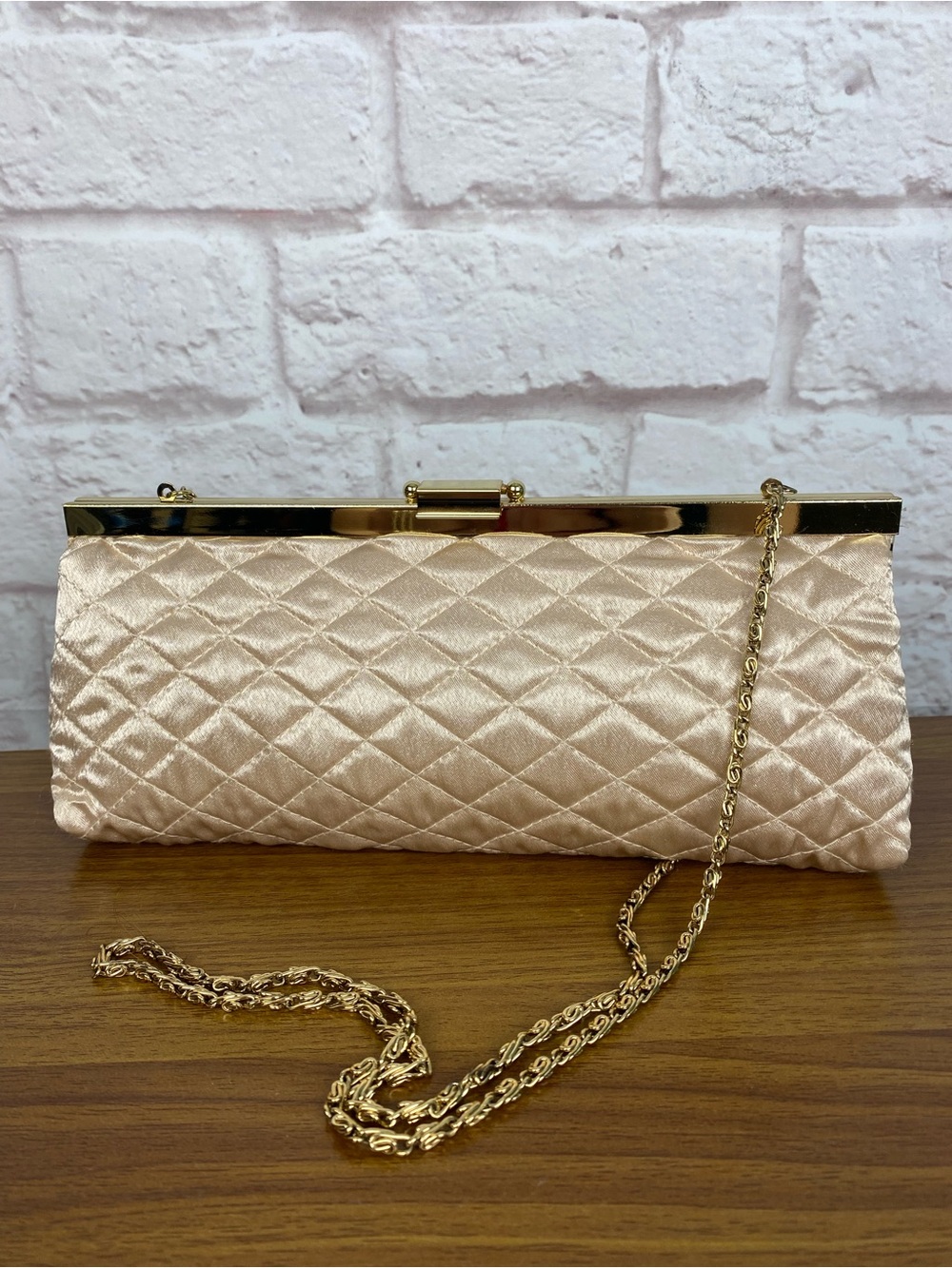 Cache Vintage 90s Quilted Champagne Satin Clutch with Gold Chain